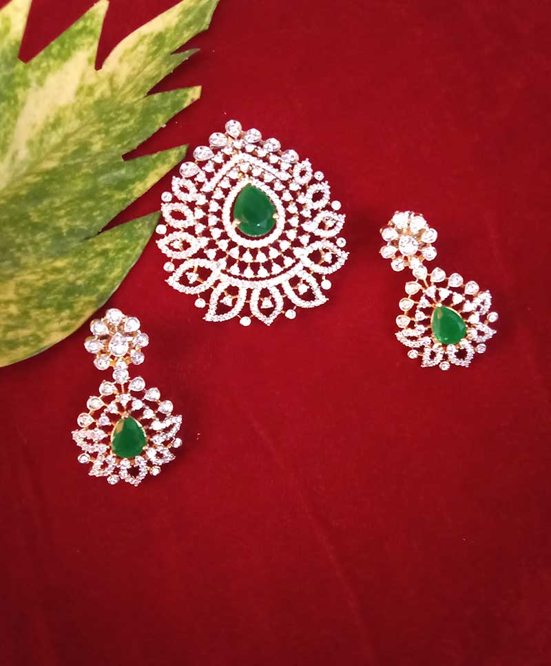Rain Drop Design AD Stone Locket Sets Bottle Green Highlighter Stone