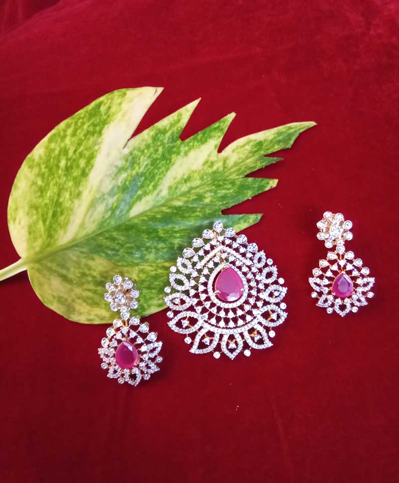 Rain Drop Design AD Stone Locket Sets Cherry Pink