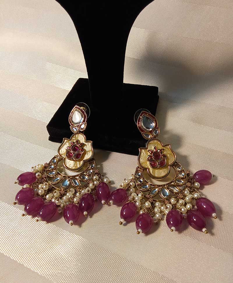 KUNDAN STONE LONG DROPS WITH PLUM COLOR BEADS