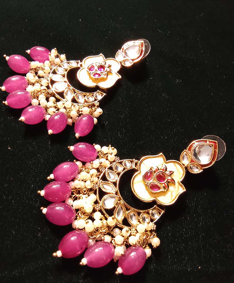 POLKI KUNDAN STONE LONG DROPS CHERRY PINK NEADS