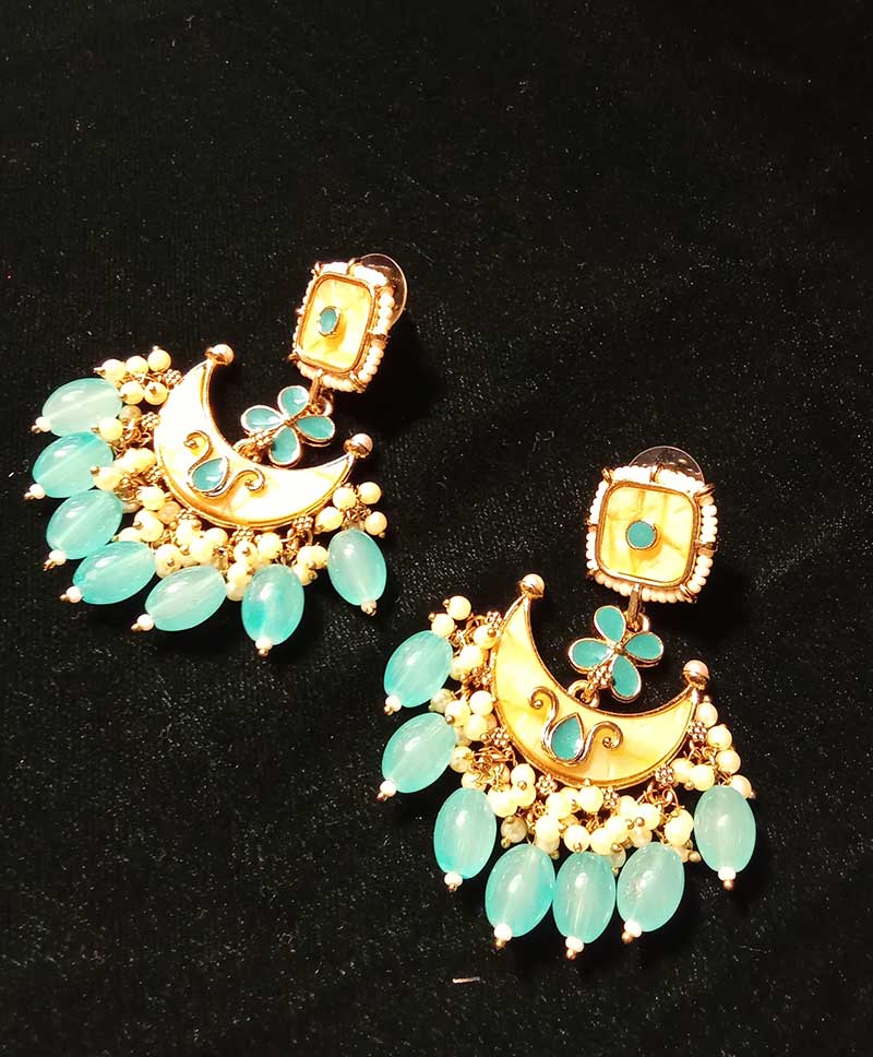 POLKI KUNDAN STONE LONG DROPS SEA BLUE BEADS