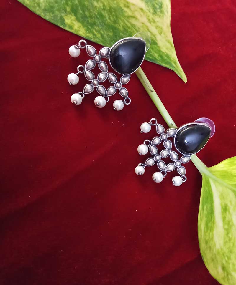 Oxidised Earrings - BLACK ENAMEL WITH BEADS