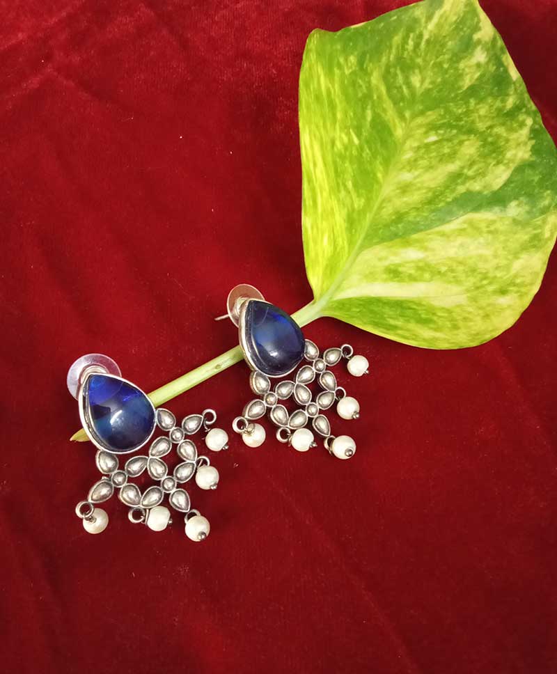 Oxidised Earrings - BLUE WITH WHITE BEADS