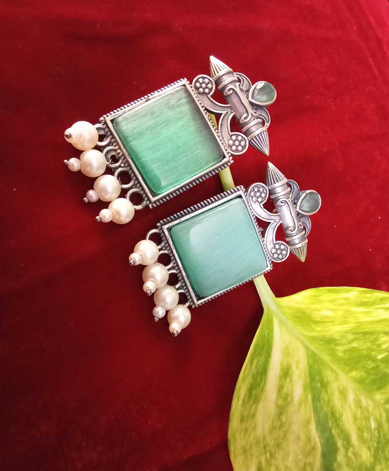 Oxidised Earrings -TURQOUISE BLUE ENAMEL WITH WHITE BEADS
