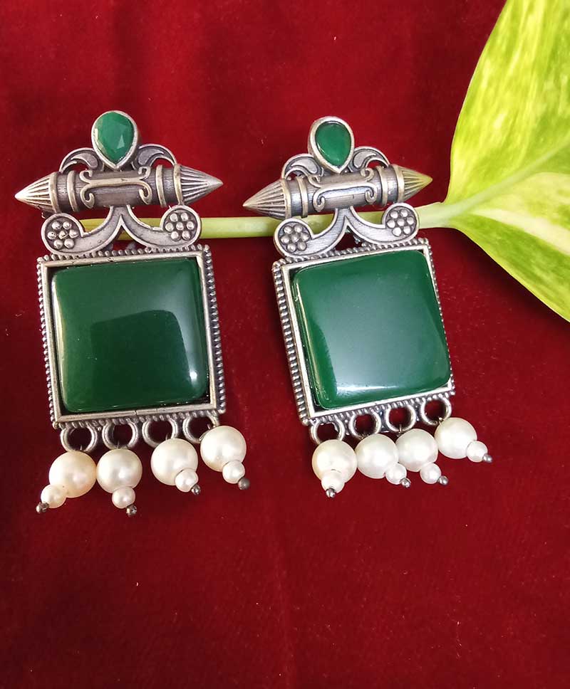 Oxidised Earrings - BOTTLE GREEN WITH WHITE BEADS