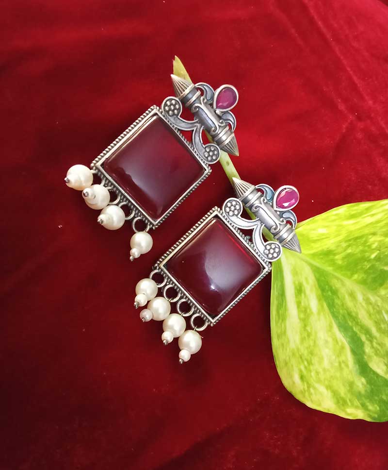 Oxidised Earrings - RED/WHITE BEADS