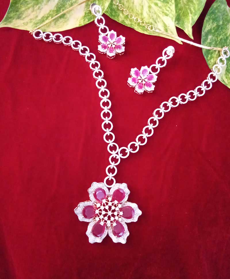 DAFFODIL Red Stone floral AD Necklace Set- MID LENGTH