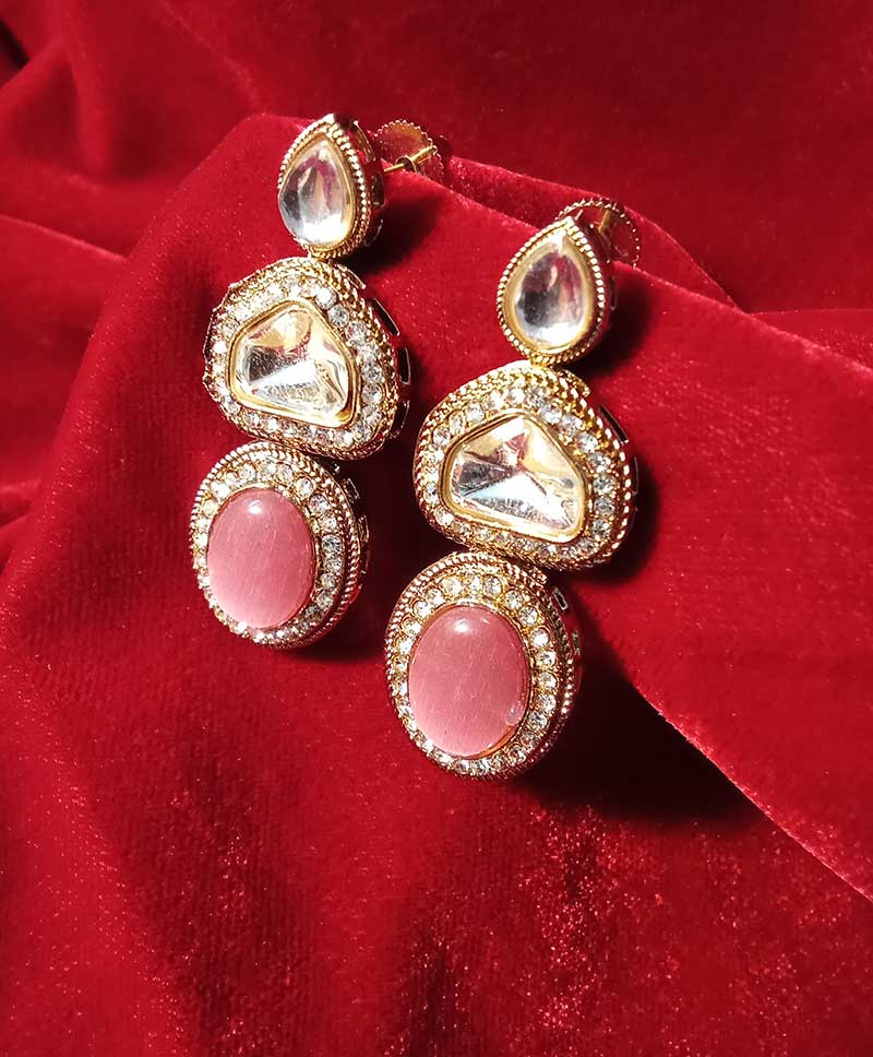 KUNDAN STONE EARRING WITH PINK CATS EYE STONE