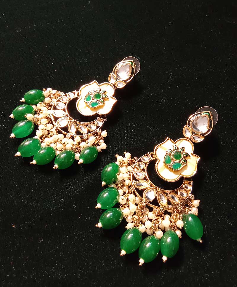 POLKI KUNDAN STONE LONG DROPS GREEN BEADS