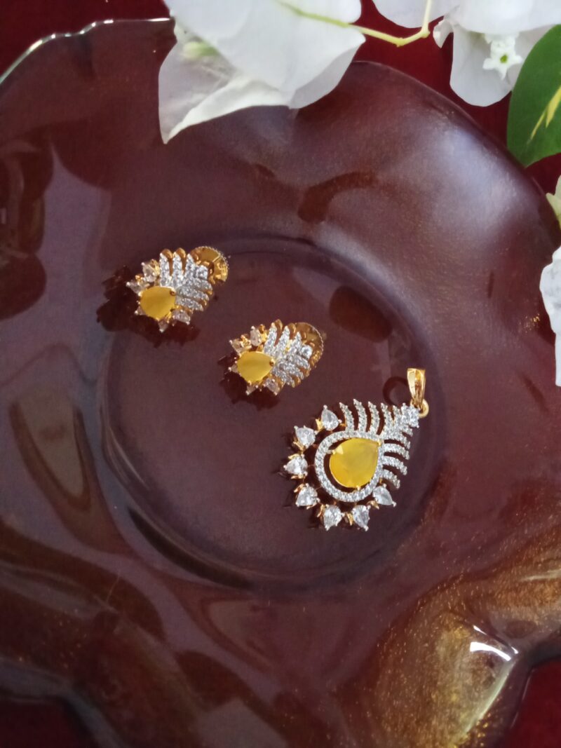 Topaz Yellow with  White Zercon Studded Locket Set - Image 2