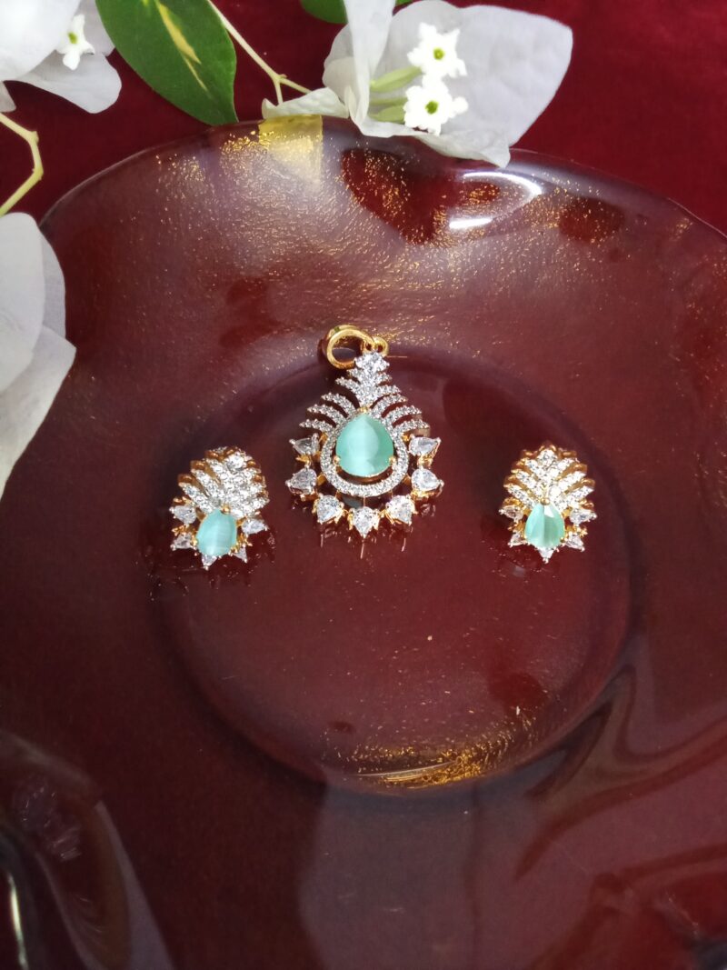 Teal Color White Zercon Studded Locket Set - Image 4