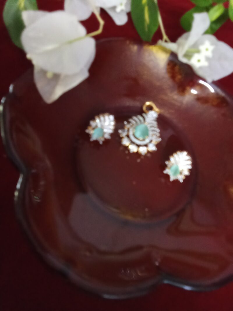 Teal Color White Zercon Studded Locket Set - Image 3