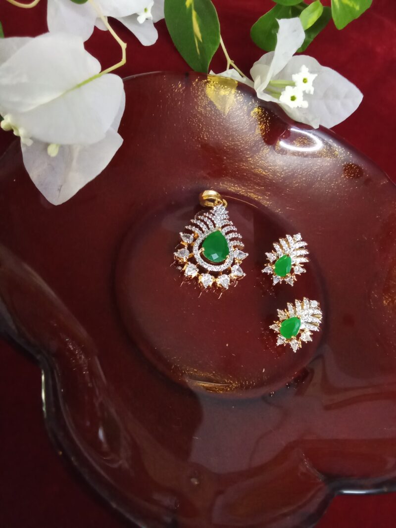 Bottle Green with White Zercon Studded Locket Set - Image 3
