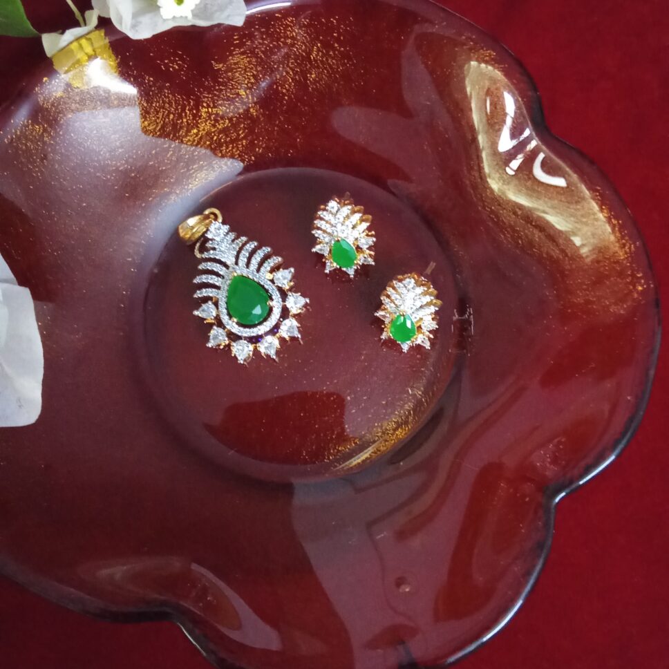 Bottle Green with White Zercon Studded Locket Set