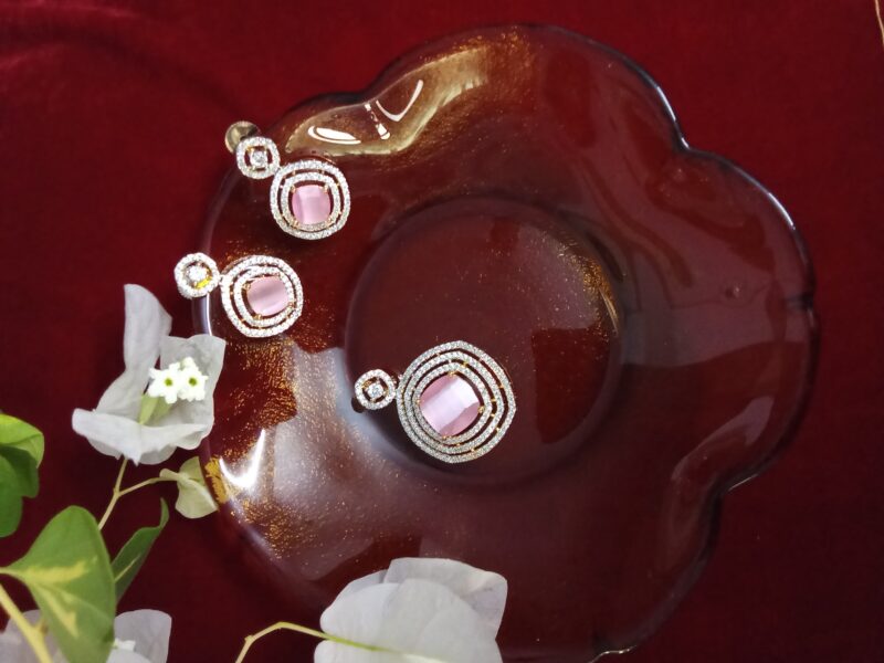 Baby Pink  Cats Eye Stone with White Zercon Studded Locket Set -(SOLD) - Image 3
