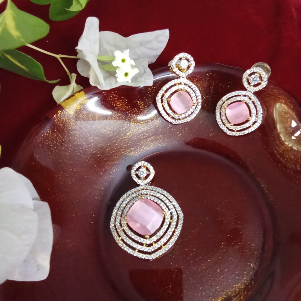 Baby Pink  Cats Eye Stone with White Zercon Studded Locket Set -(SOLD)