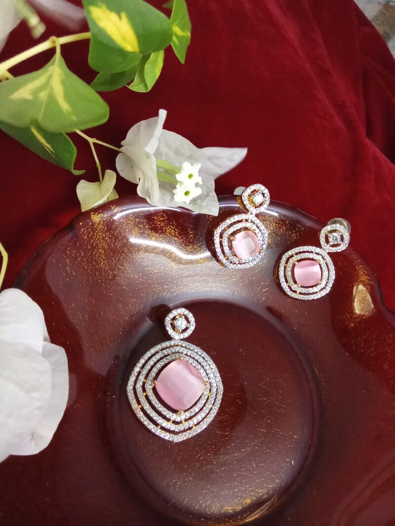 Baby Pink  Cats Eye Stone with White Zercon Studded Locket Set -(SOLD) - Image 2