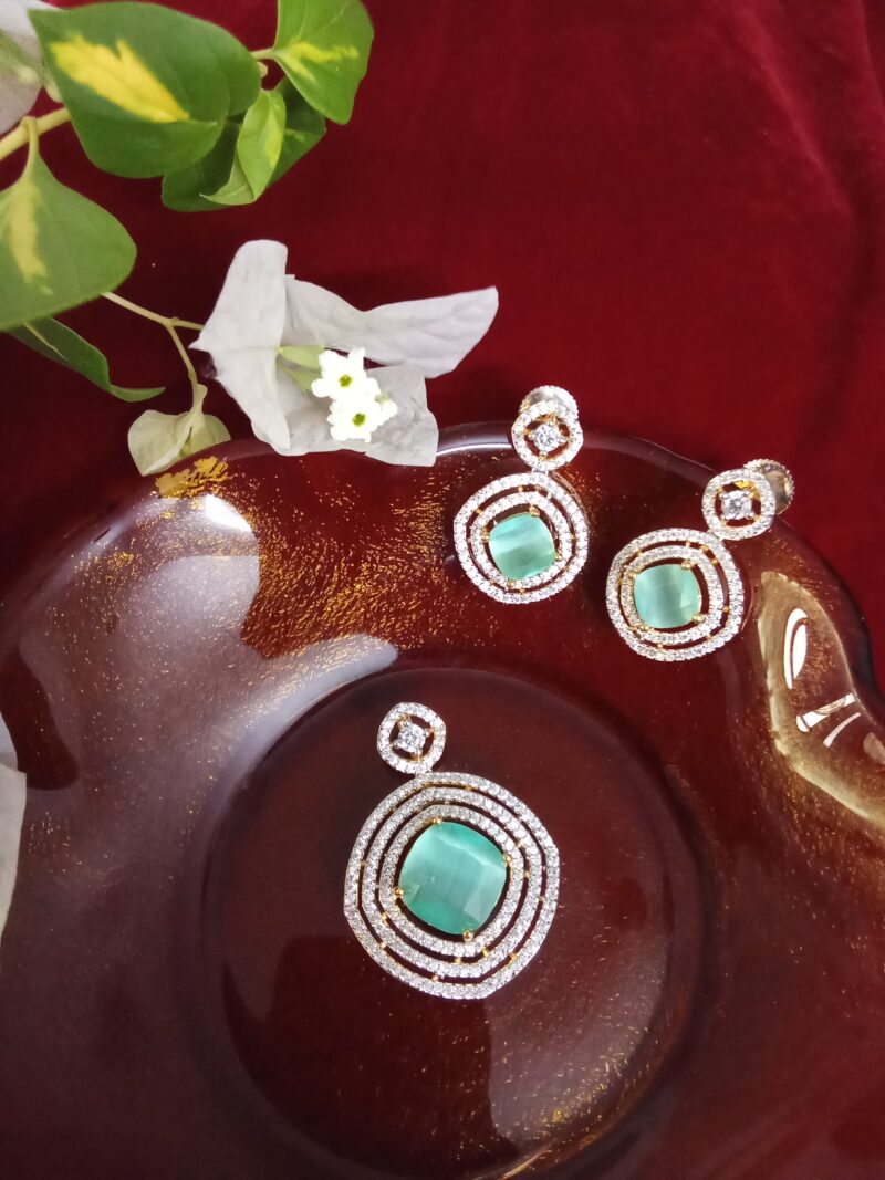 Teal Color Cats Eye Stone with White Zercon Studded Locket Set  -(SOLD)