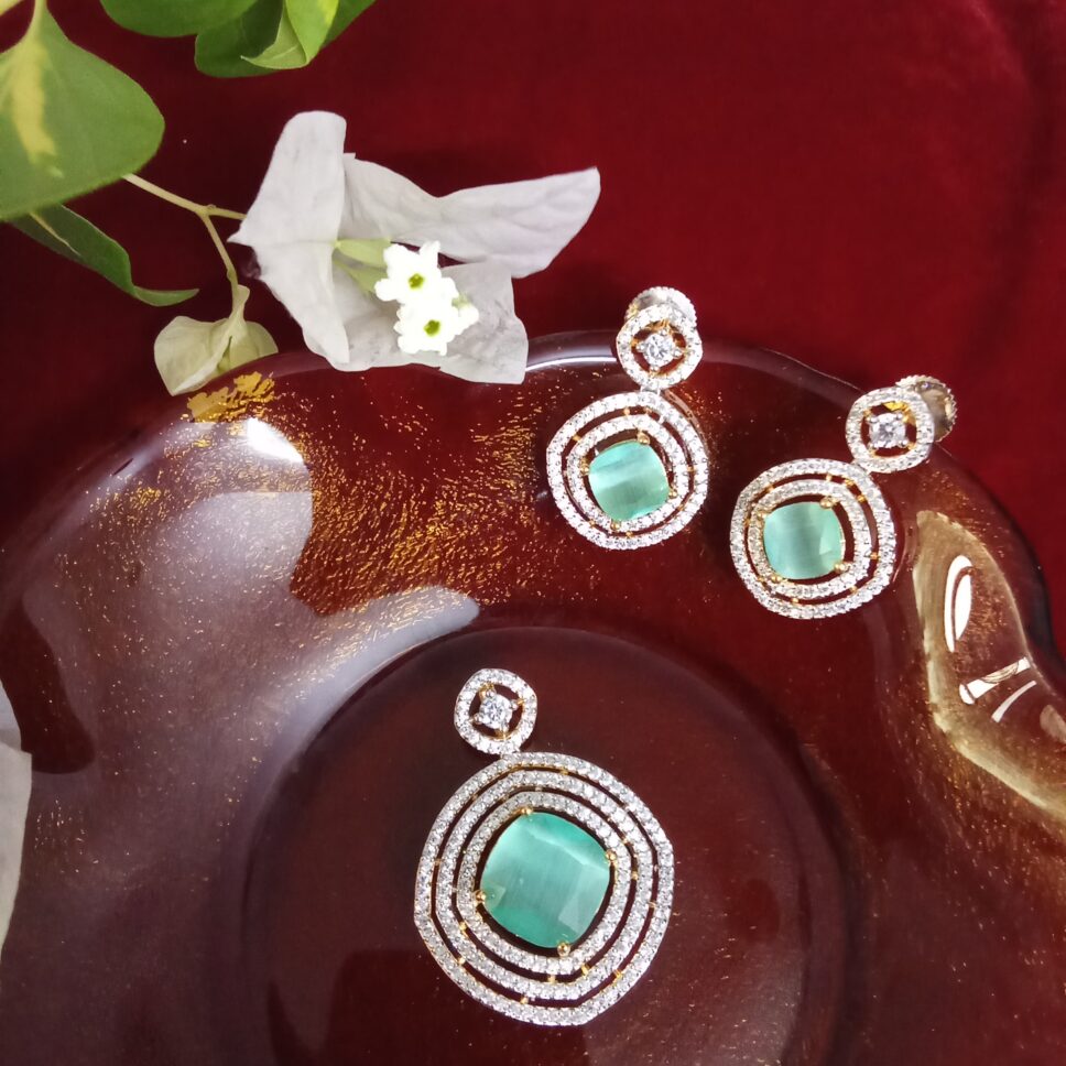 Teal Color Cats Eye Stone with White Zercon Studded Locket Set  -(SOLD)