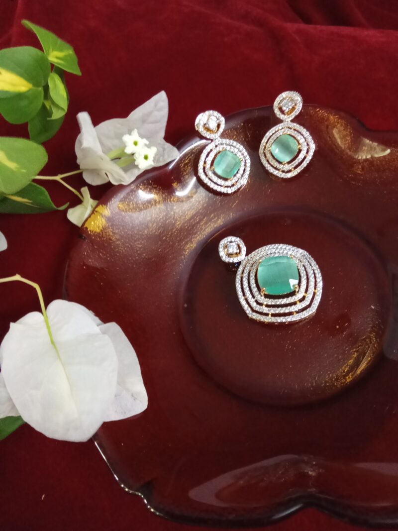 Teal Color Cats Eye Stone with White Zercon Studded Locket Set  -(SOLD) - Image 4