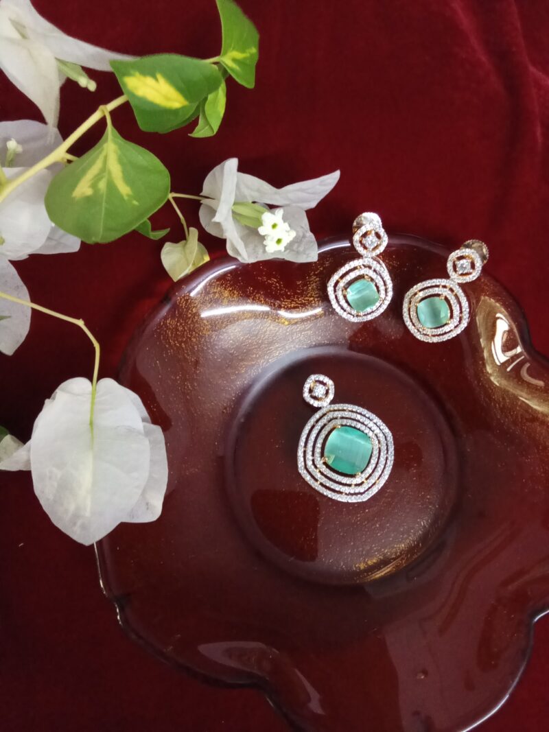 Teal Color Cats Eye Stone with White Zercon Studded Locket Set  -(SOLD) - Image 3