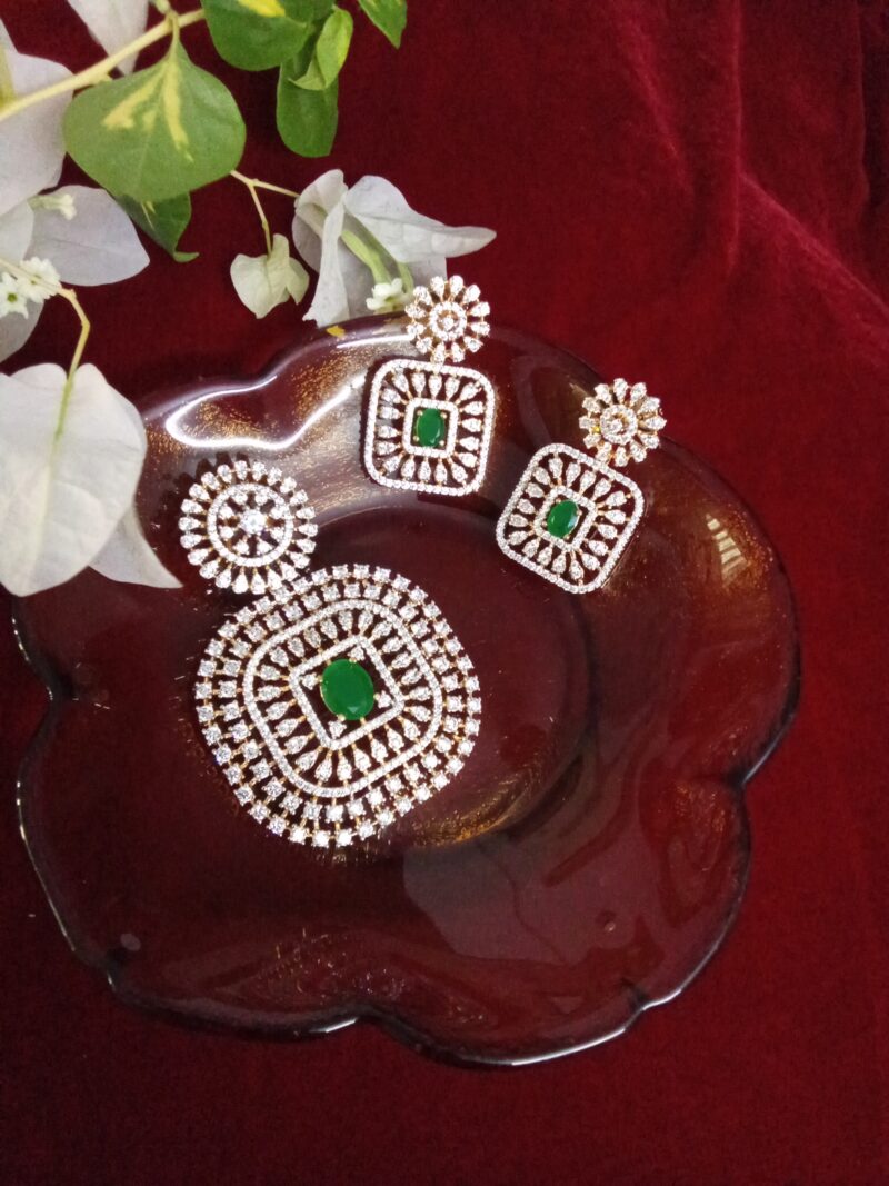 Square Shaped Green with White Zercon Studded Locket Set
