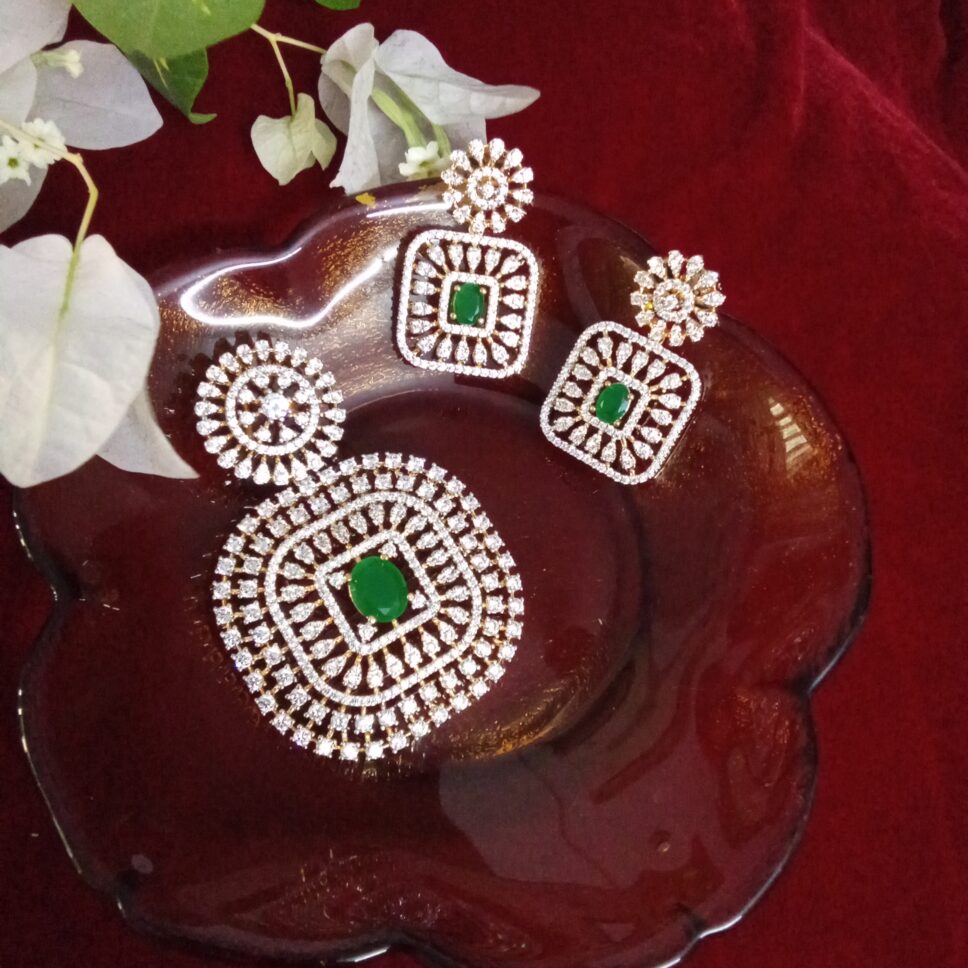 Square Shaped Green with White Zercon Studded Locket Set