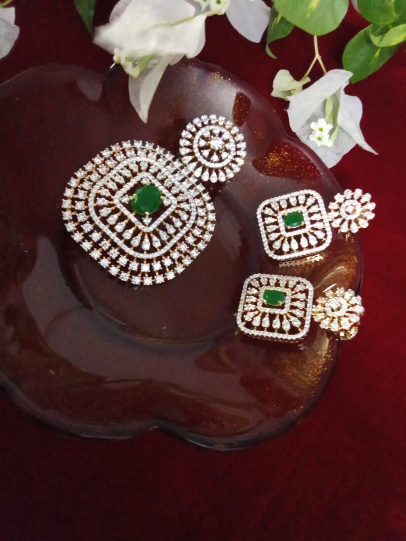 Square Shaped Green with White Zercon Studded Locket Set - Image 2
