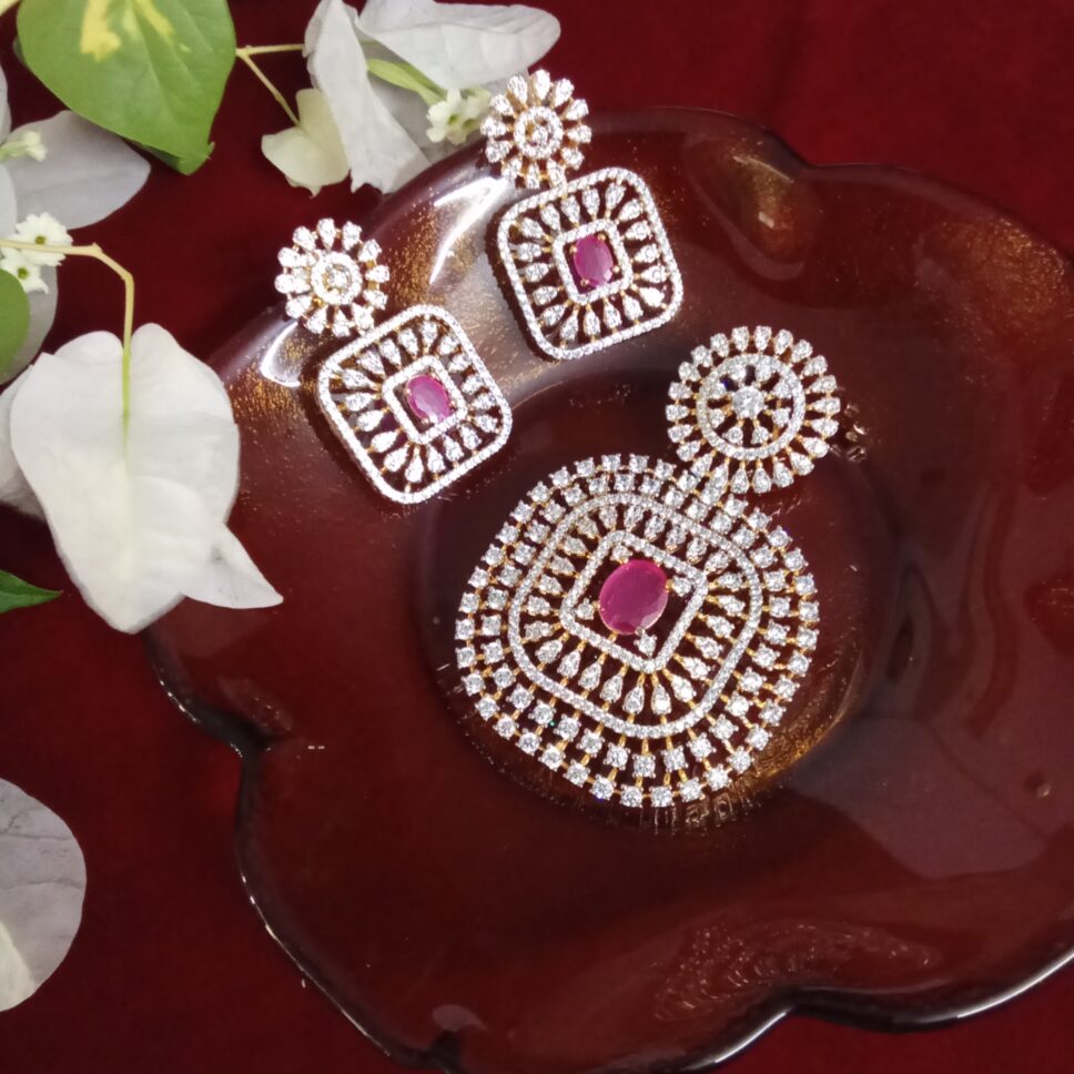 Square Shaped Pink with White Zercon Studded Locket Set