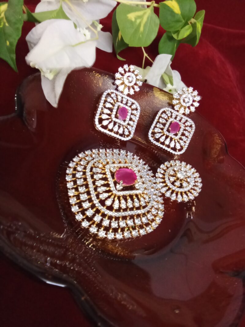 Square Shaped Pink with White Zercon Studded Locket Set - Image 2