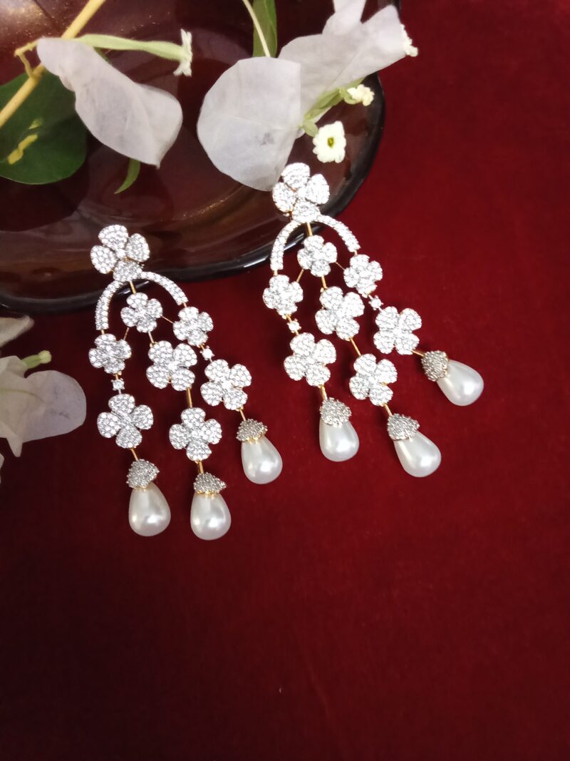 Three Strand Floral Zercon Stone Studded Earring with stunning Pearl Drops - Image 2