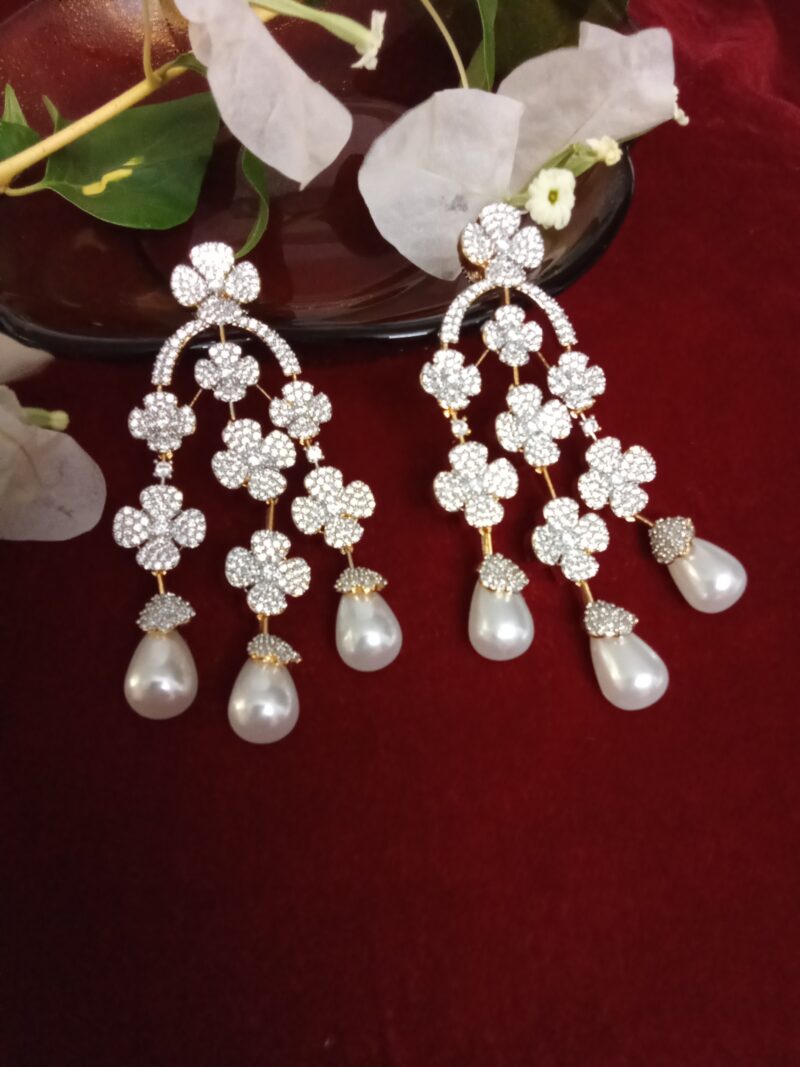 Three Strand Floral Zercon Stone Studded Earring with stunning Pearl Drops