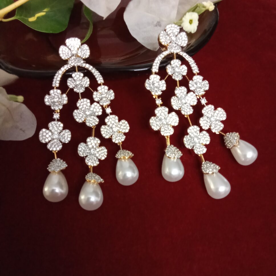 Three Strand Floral Zercon Stone Studded Earring with stunning Pearl Drops