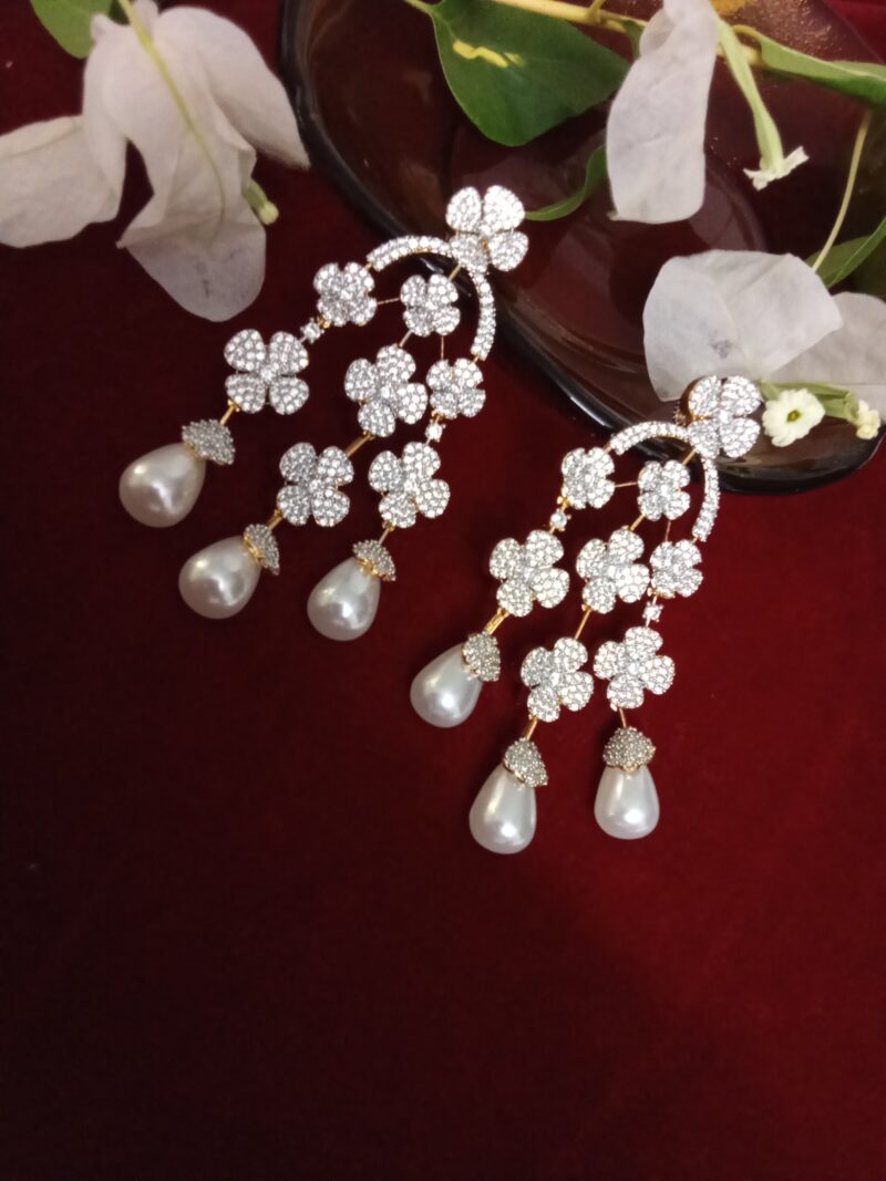 Three Strand Floral Zercon Stone Studded Earring with stunning Pearl Drops - Image 3