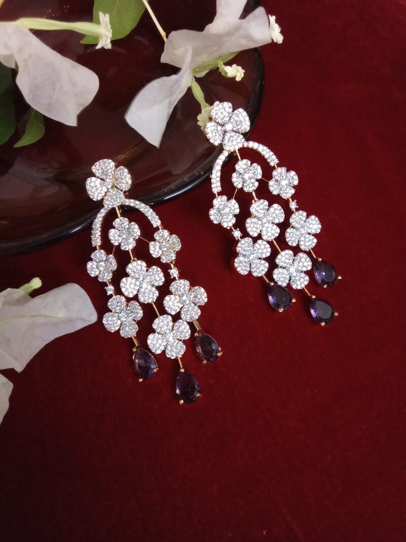 Three Strand Floral Zercon Stone Studded Earring with  Royal Purple Drops -(SOLD)