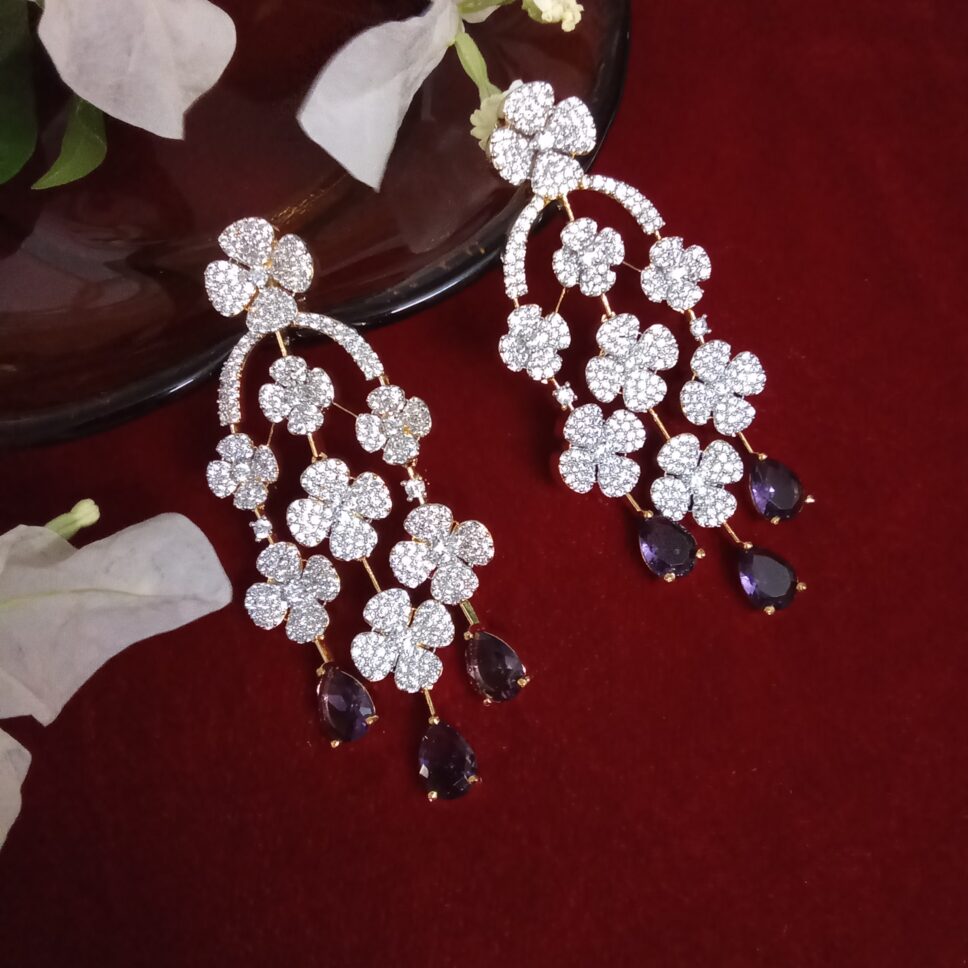 Three Strand Floral Zercon Stone Studded Earring with  Royal Purple Drops -(SOLD)