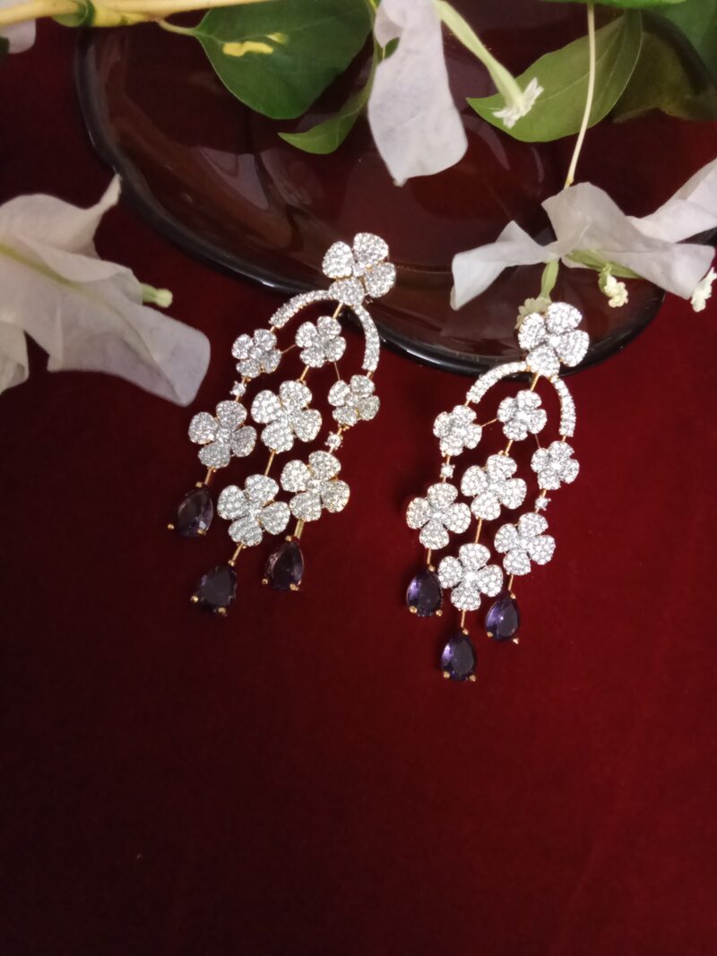 Three Strand Floral Zercon Stone Studded Earring with  Royal Purple Drops -(SOLD) - Image 4