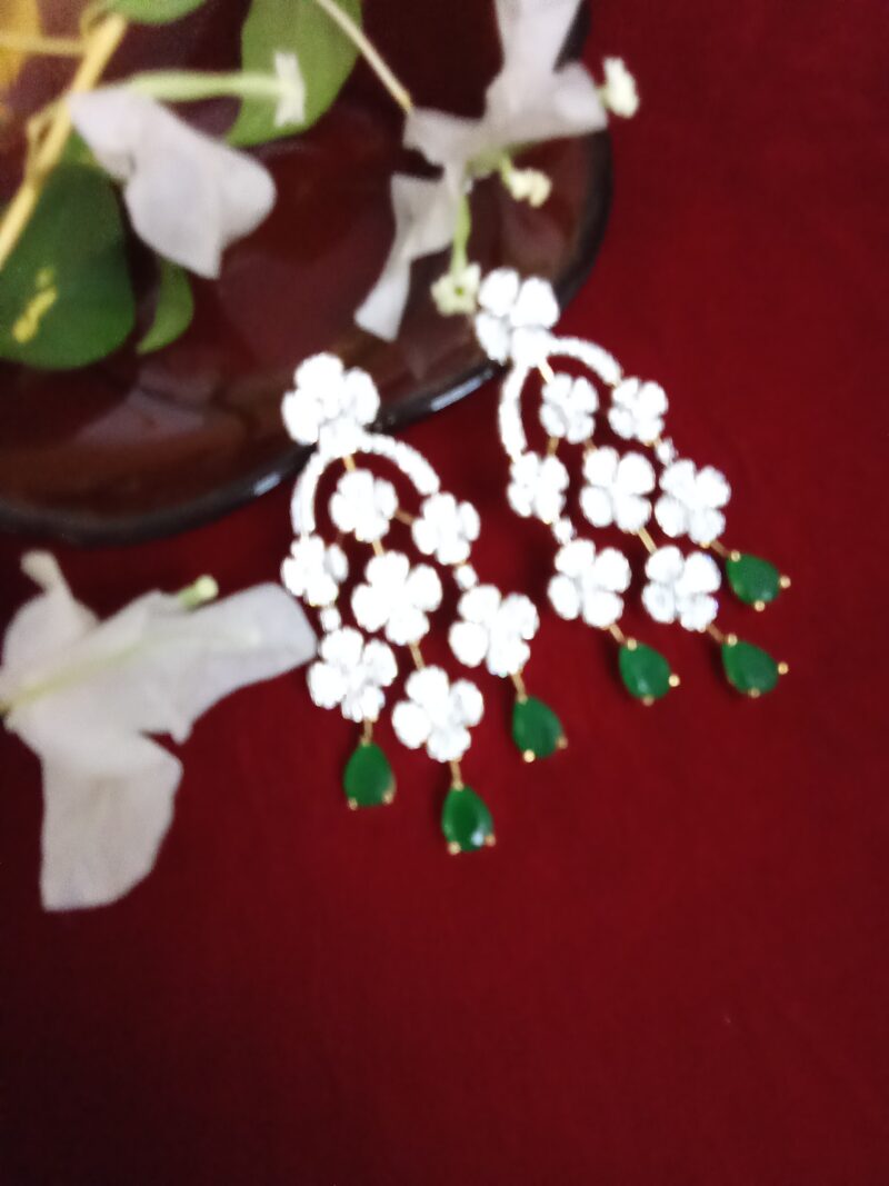 Three Strand Floral Zercon Stone Studded Earring with Elegant Leaf Green Drops - Image 4