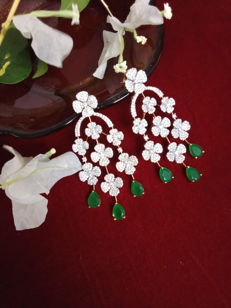 Three Strand Floral Zercon Stone Studded Earring with Elegant Leaf Green Drops