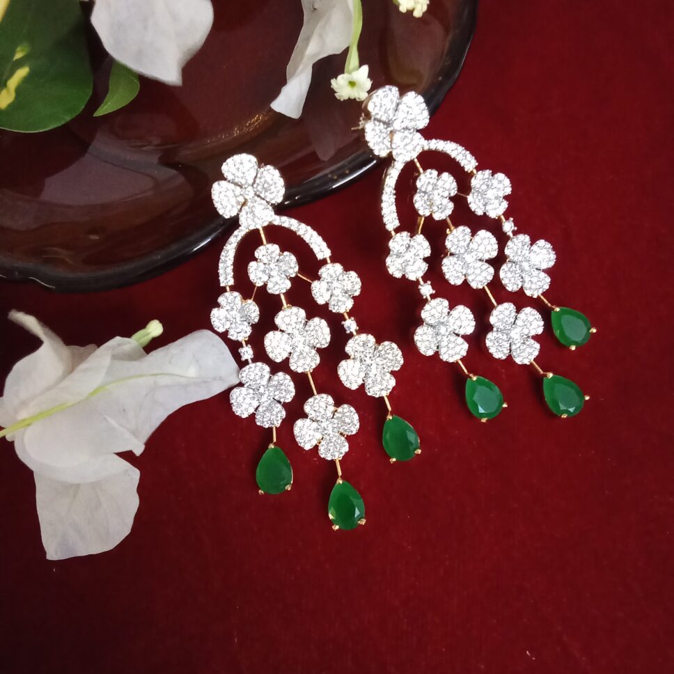 Three Strand Floral Zercon Stone Studded Earring with Elegant Leaf Green Drops