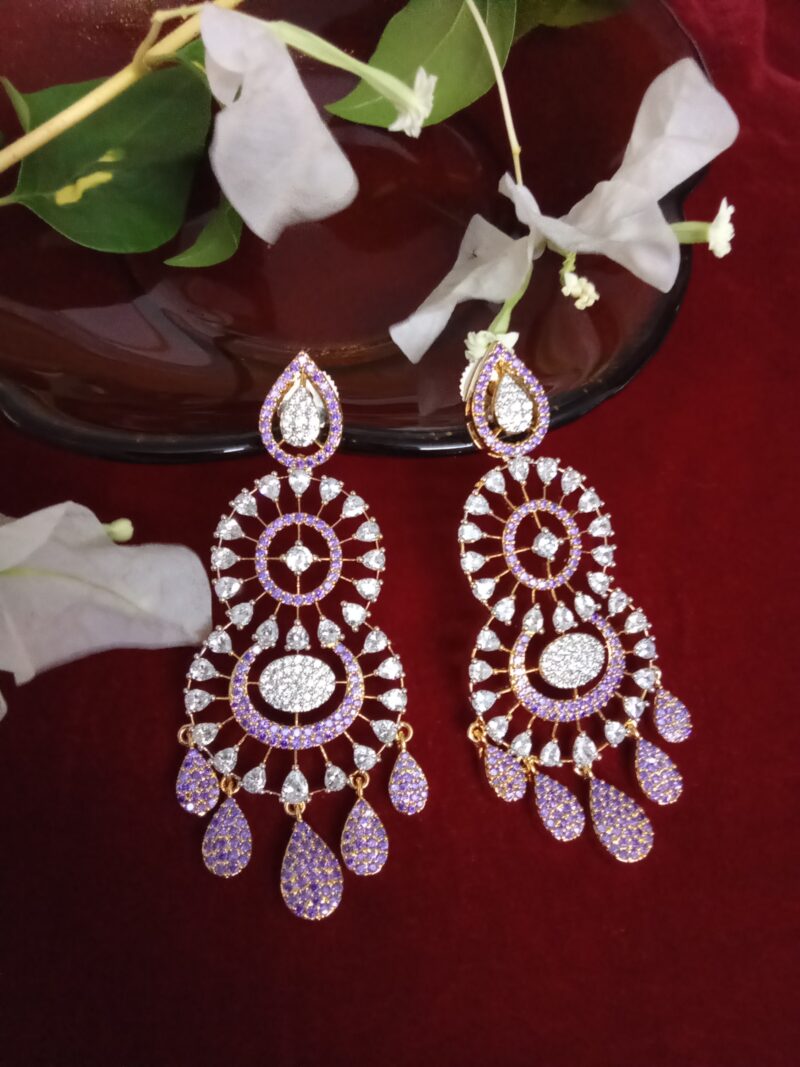 Lavender and White Zercon Studded Long Ear Drops  -(SOLD) - Image 2