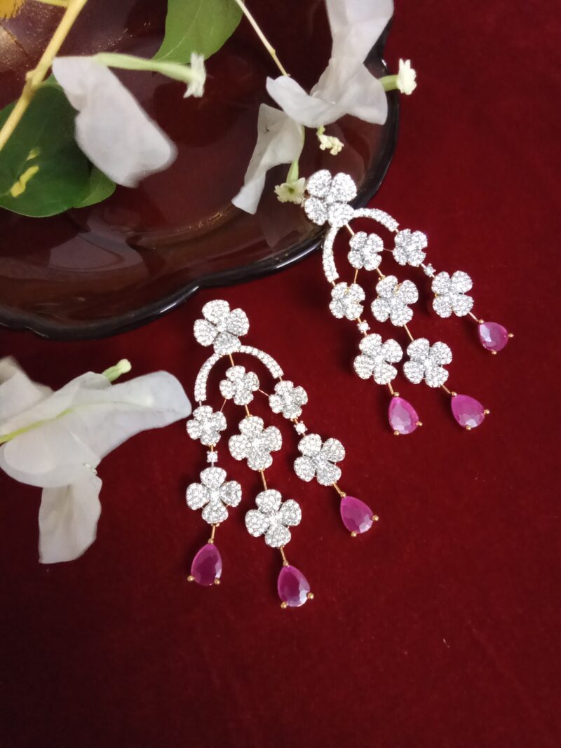 Three Strand Floral Zercon Stone Studded Earring with Rani Pink Drops