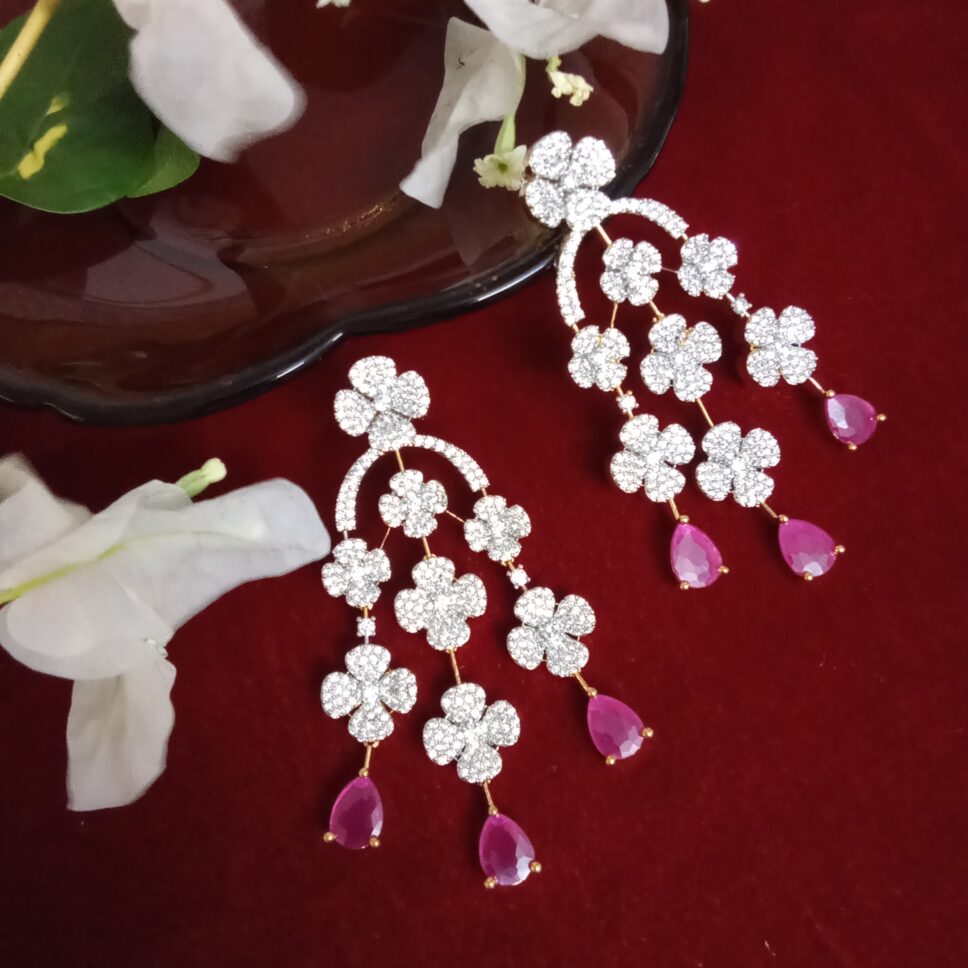 Three Strand Floral Zercon Stone Studded Earring with Rani Pink Drops
