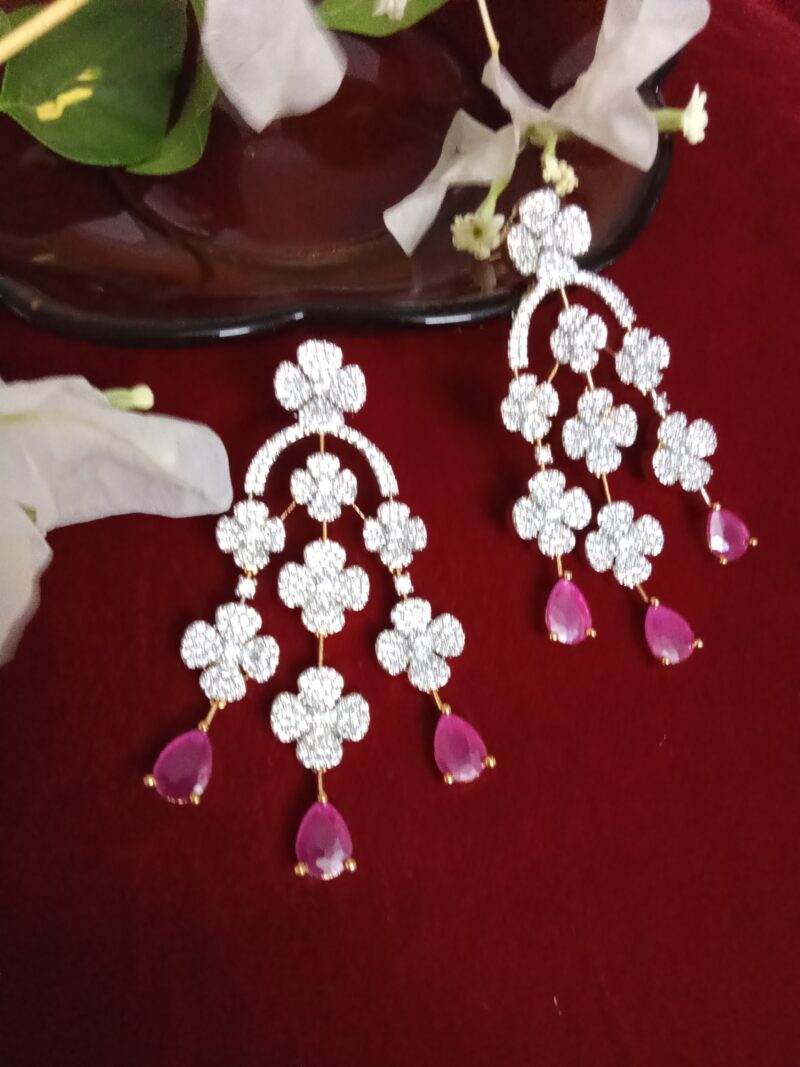 Three Strand Floral Zercon Stone Studded Earring with Rani Pink Drops - Image 2