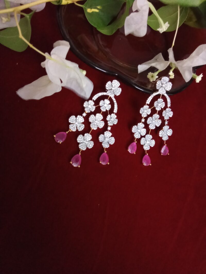 Three Strand Floral Zercon Stone Studded Earring with Rani Pink Drops - Image 4