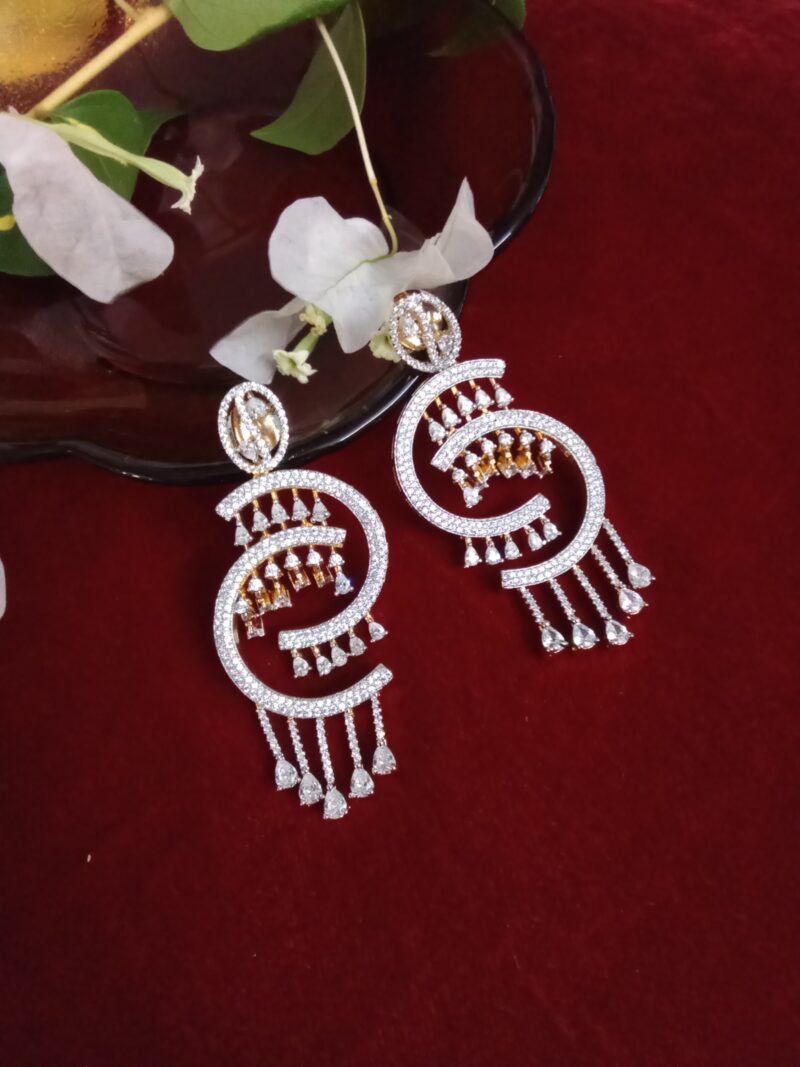 White Zercon Studded Long Trendy Ear Drops - Image 3