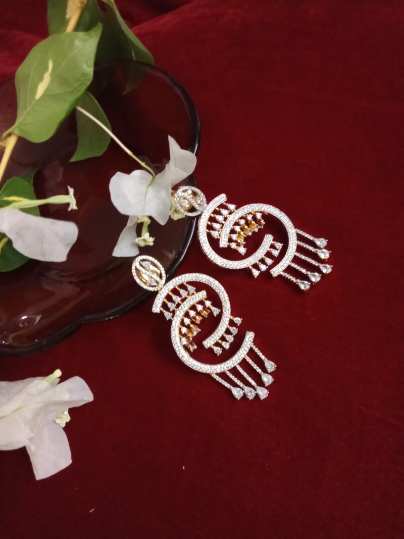 White Zercon Studded Long Trendy Ear Drops - Image 2