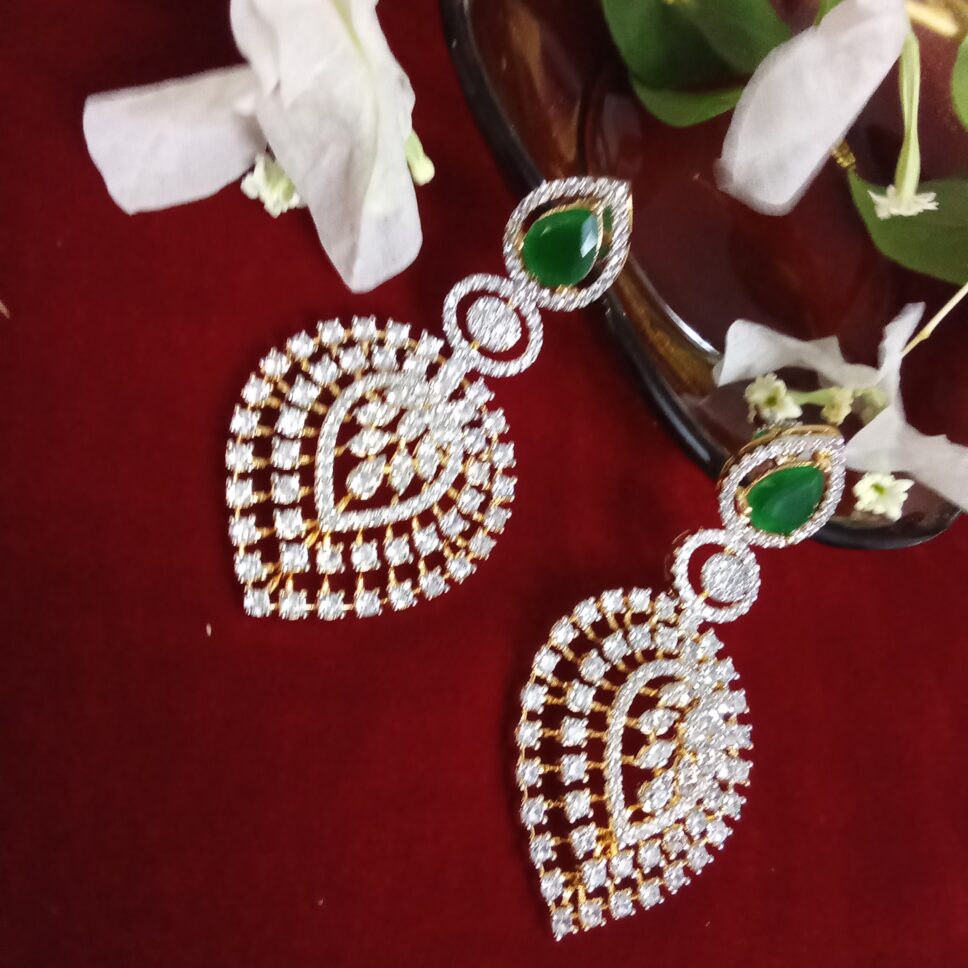 Dark Green Rain Drop Shaped Long Stone Studded Earring