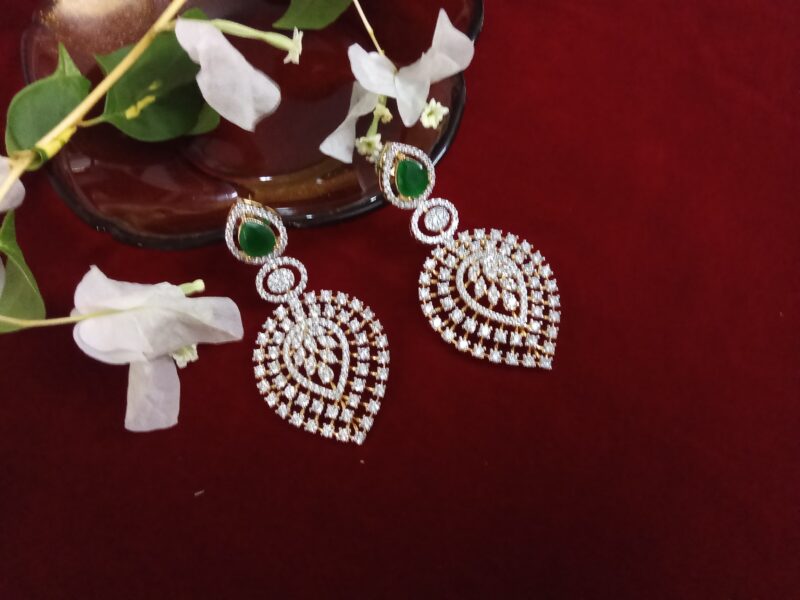 Dark Green Rain Drop Shaped Long Stone Studded Earring - Image 2