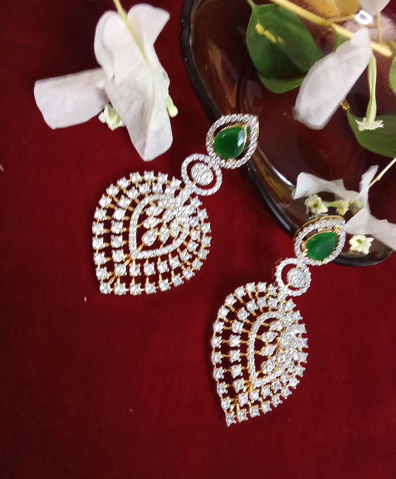 Dark Green Rain Drop Shaped Long Stone Studded Earring